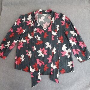 Como Blu Floral Pinstripe Tie-Neck Blouse - Petite Small (PS)